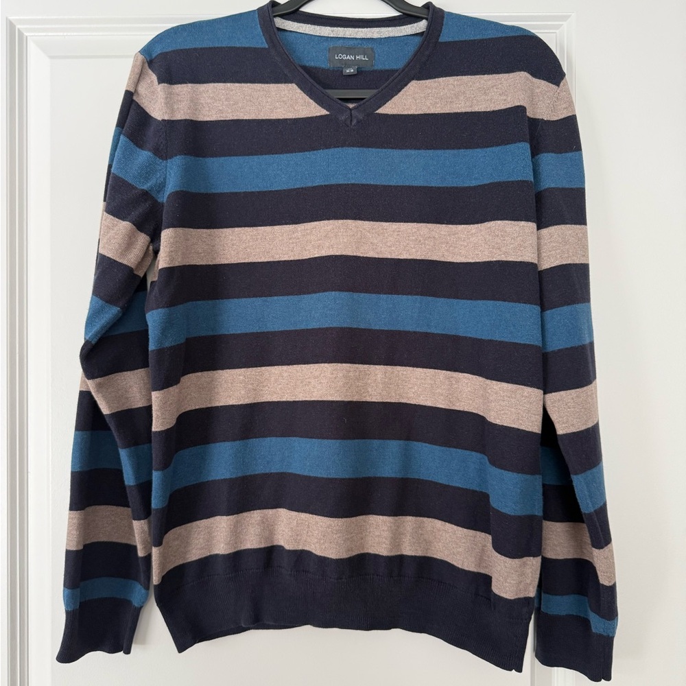 Men's V-Neck Striped Sweater - Navy and Tan